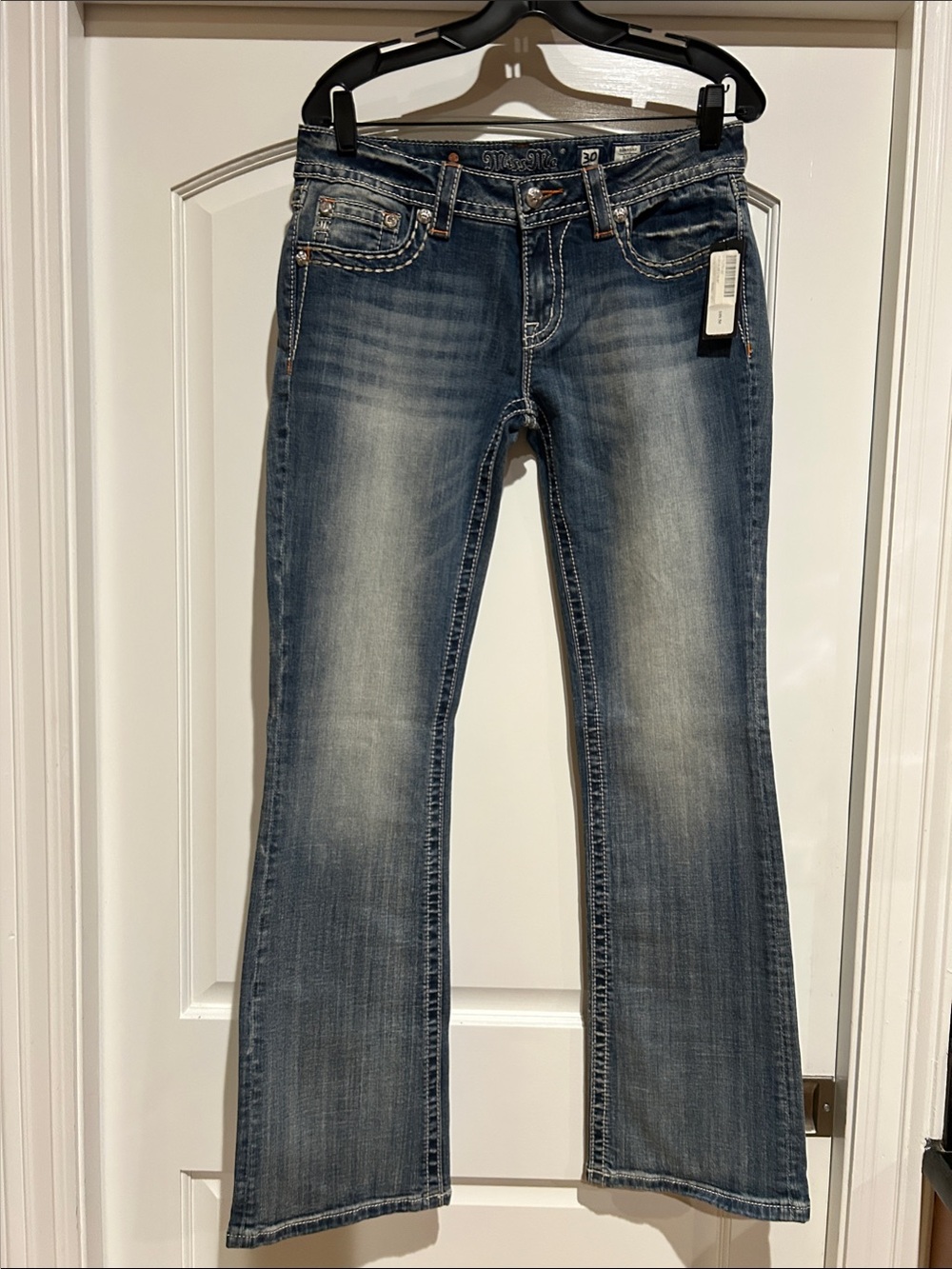 Miss Me Blue Wash Flare Jeans with Subtle Whiskering
